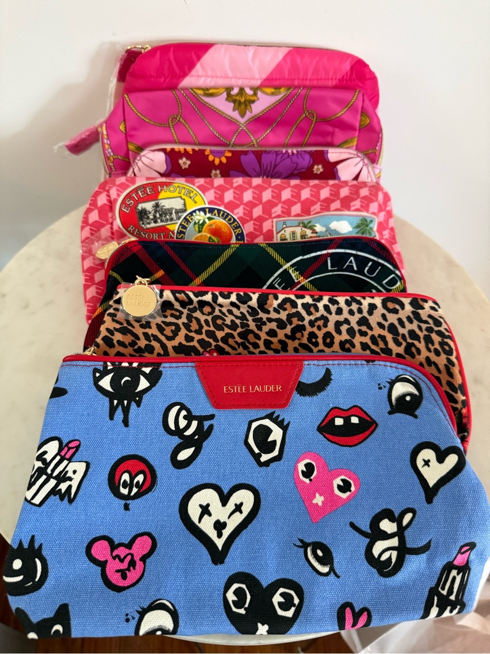 Estee Lauder Blue, Pink, Red Cosmetic Makeup Bags Lot Of 7 NEW!!